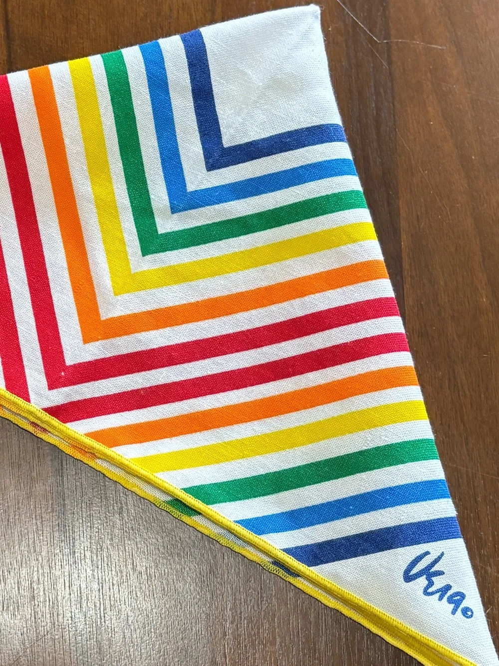 Vintage Vera Neumann linen tea towel, rainbow diamond stripes. 1960s